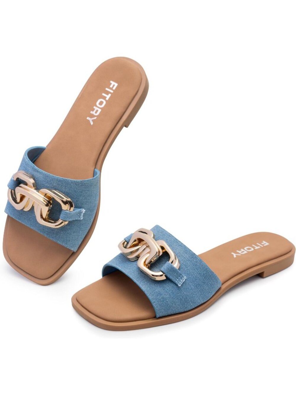 Women's Blue Flat Sandals Fashion Slides With Soft Leather Slippers for Summer
